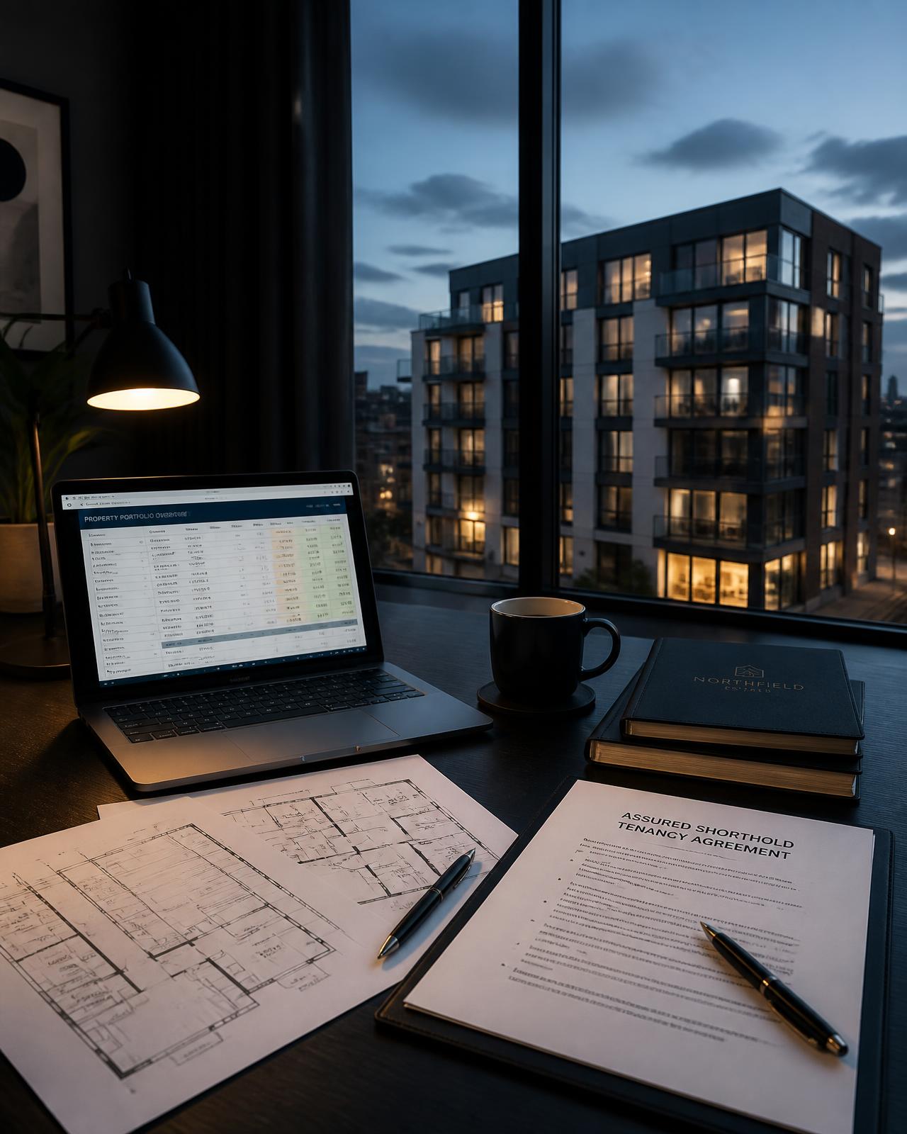 Property operator workspace with deal analysis, floor plans and a modern UK apartment building at dusk